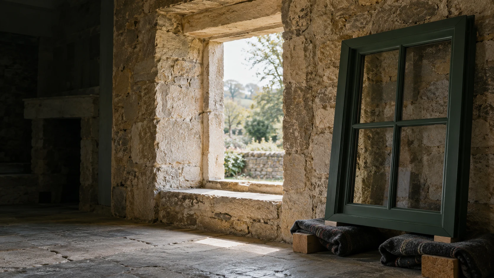 A new window frame beside an older stone opening. Generated illustrative photograph.